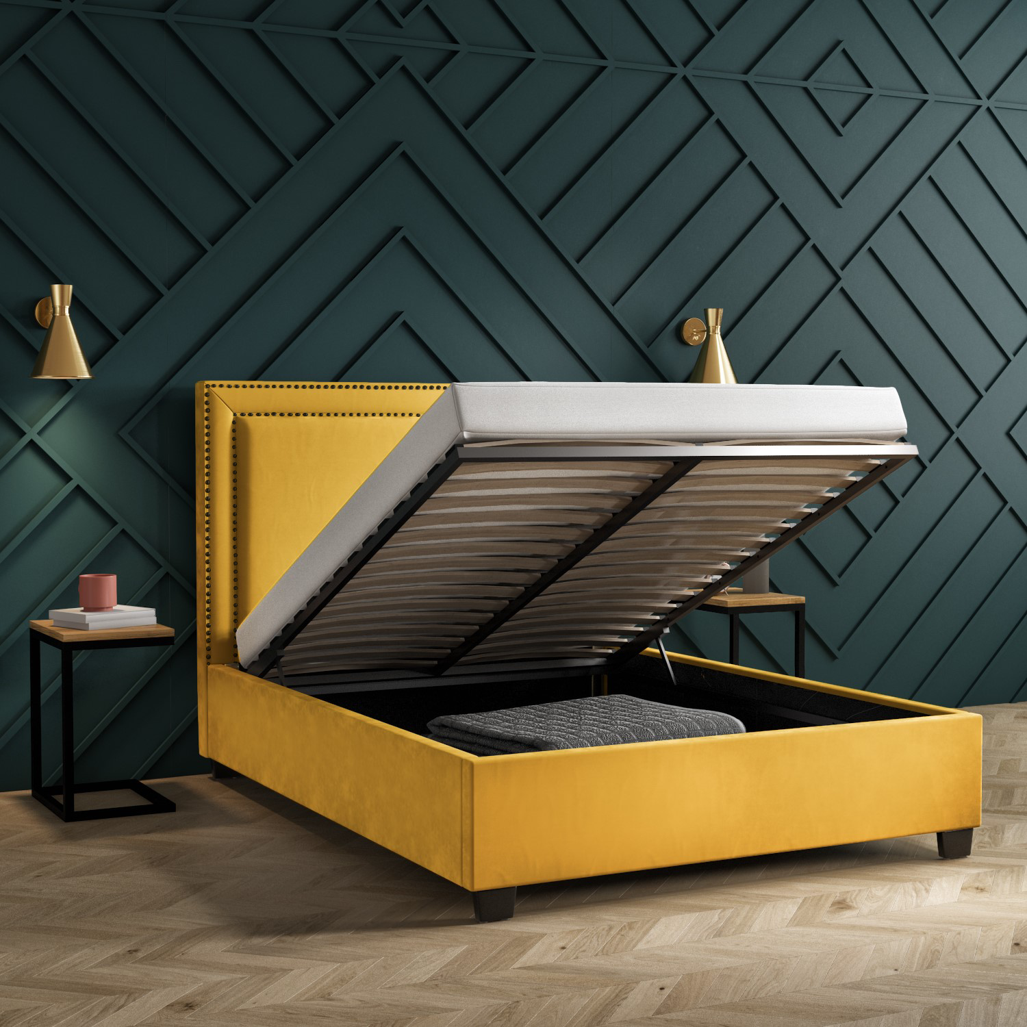 Read more about Yellow velvet king size ottoman bed with studded headboard safina